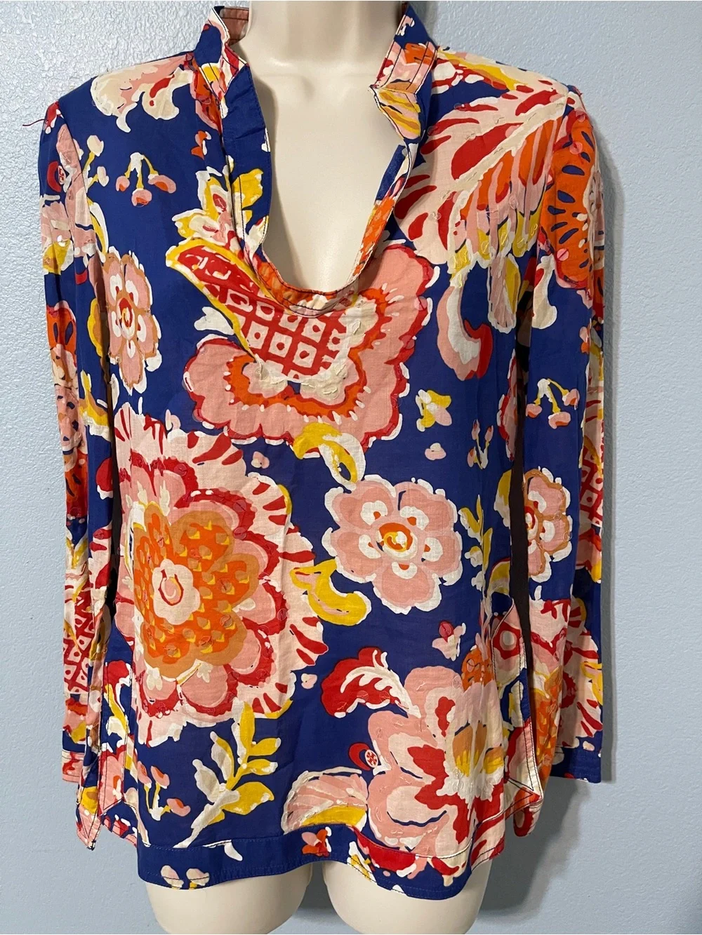Tory Burch Stephanie Tunic Top Floral Blouse Resort Cotton Preppy Chic Size 0